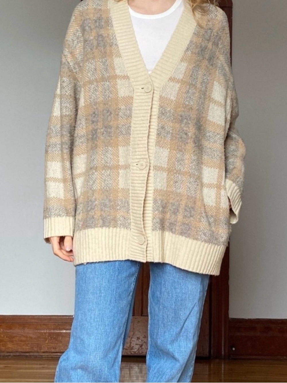 OAK + FORT Beige Plaid Button Cardigan Sweater